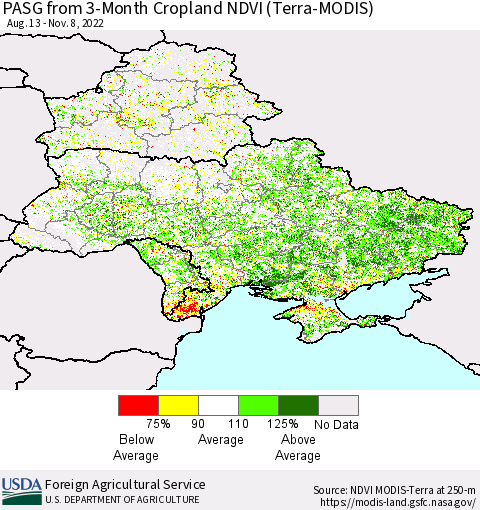 Ukraine, Moldova and Belarus PASG from 3-Month Cropland NDVI (Terra-MODIS) Thematic Map For 11/1/2022 - 11/10/2022