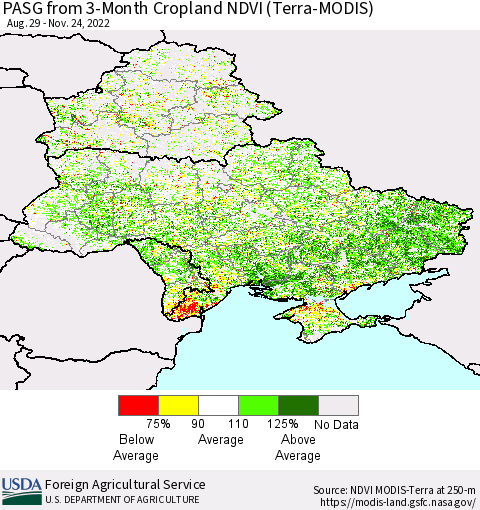 Ukraine, Moldova and Belarus PASG from 3-Month Cropland NDVI (Terra-MODIS) Thematic Map For 11/21/2022 - 11/30/2022