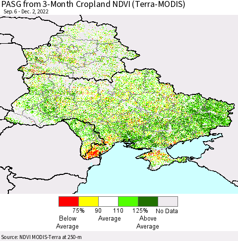 Ukraine, Moldova and Belarus PASG from 3-Month Cropland NDVI (Terra-MODIS) Thematic Map For 11/25/2022 - 12/2/2022
