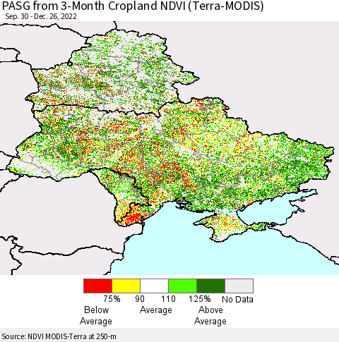 Ukraine, Moldova and Belarus PASG from 3-Month Cropland NDVI (Terra-MODIS) Thematic Map For 12/19/2022 - 12/26/2022
