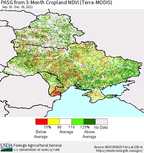 Ukraine, Moldova and Belarus PASG from 3-Month Cropland NDVI (Terra-MODIS) Thematic Map For 12/21/2022 - 12/31/2022