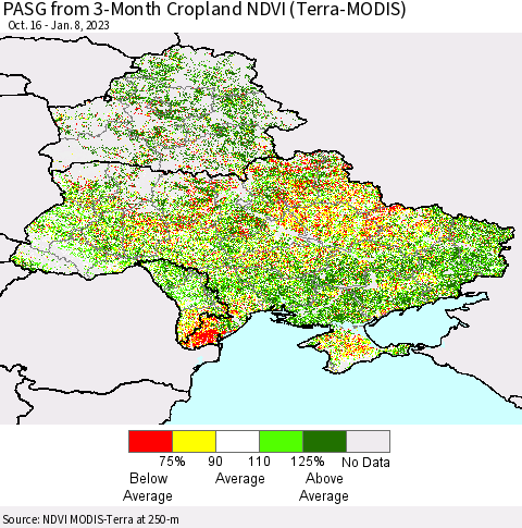Ukraine, Moldova and Belarus PASG from 3-Month Cropland NDVI (Terra-MODIS) Thematic Map For 1/1/2023 - 1/8/2023