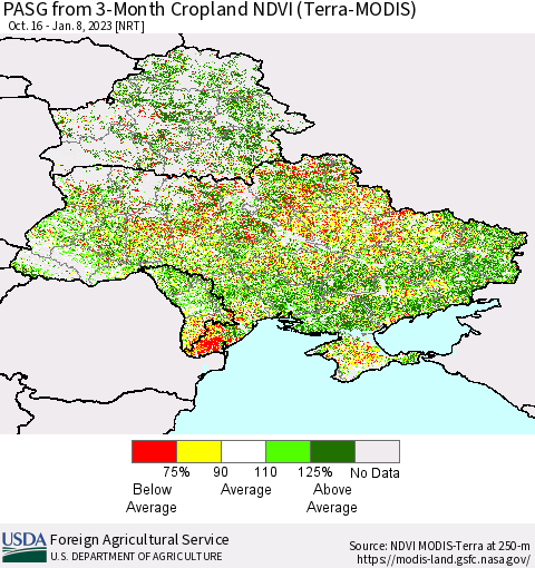 Ukraine, Moldova and Belarus PASG from 3-Month Cropland NDVI (Terra-MODIS) Thematic Map For 1/1/2023 - 1/10/2023