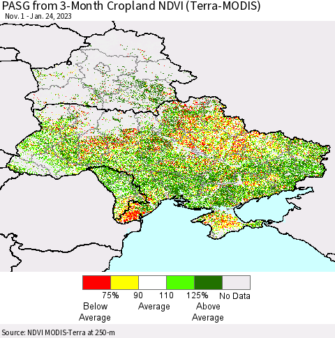 Ukraine, Moldova and Belarus PASG from 3-Month Cropland NDVI (Terra-MODIS) Thematic Map For 1/17/2023 - 1/24/2023