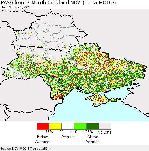 Ukraine, Moldova and Belarus PASG from 3-Month Cropland NDVI (Terra-MODIS) Thematic Map For 1/25/2023 - 2/1/2023