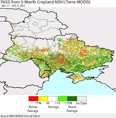 Ukraine, Moldova and Belarus PASG from 3-Month Cropland NDVI (Terra-MODIS) Thematic Map For 2/2/2023 - 2/9/2023