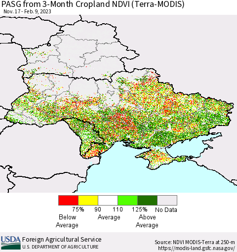 Ukraine, Moldova and Belarus PASG from 3-Month Cropland NDVI (Terra-MODIS) Thematic Map For 2/1/2023 - 2/10/2023