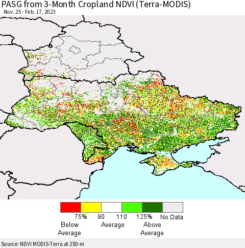 Ukraine, Moldova and Belarus PASG from 3-Month Cropland NDVI (Terra-MODIS) Thematic Map For 2/10/2023 - 2/17/2023