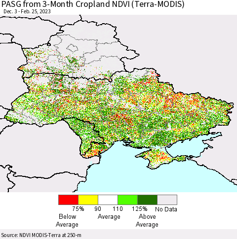 Ukraine, Moldova and Belarus PASG from 3-Month Cropland NDVI (Terra-MODIS) Thematic Map For 2/18/2023 - 2/25/2023