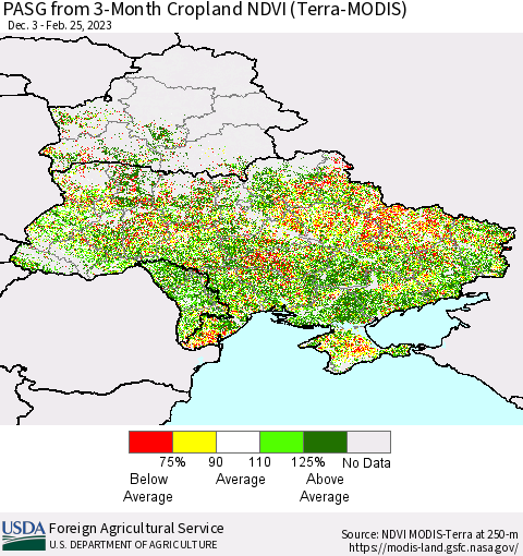 Ukraine, Moldova and Belarus PASG from 3-Month Cropland NDVI (Terra-MODIS) Thematic Map For 2/21/2023 - 2/28/2023