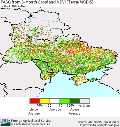 Ukraine, Moldova and Belarus PASG from 3-Month Cropland NDVI (Terra-MODIS) Thematic Map For 3/1/2023 - 3/10/2023
