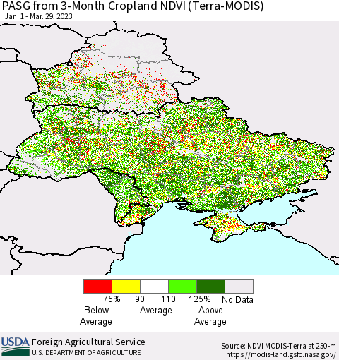 Ukraine, Moldova and Belarus PASG from 3-Month Cropland NDVI (Terra-MODIS) Thematic Map For 3/21/2023 - 3/31/2023