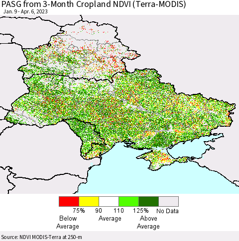 Ukraine, Moldova and Belarus PASG from 3-Month Cropland NDVI (Terra-MODIS) Thematic Map For 3/30/2023 - 4/6/2023