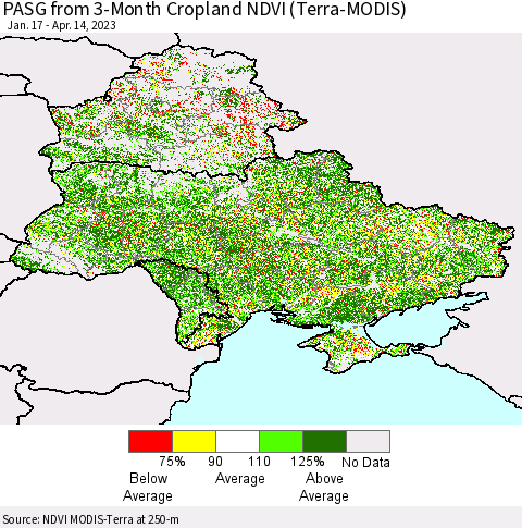 Ukraine, Moldova and Belarus PASG from 3-Month Cropland NDVI (Terra-MODIS) Thematic Map For 4/7/2023 - 4/14/2023
