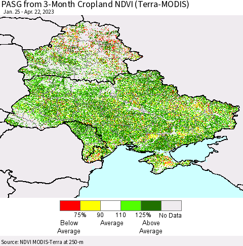Ukraine, Moldova and Belarus PASG from 3-Month Cropland NDVI (Terra-MODIS) Thematic Map For 4/15/2023 - 4/22/2023