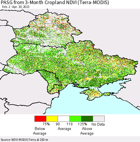 Ukraine, Moldova and Belarus PASG from 3-Month Cropland NDVI (Terra-MODIS) Thematic Map For 4/21/2023 - 4/30/2023