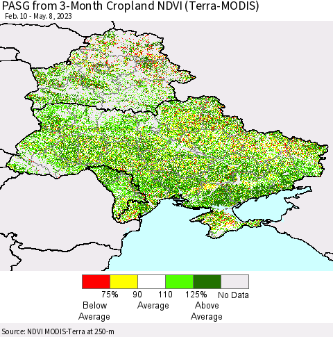 Ukraine, Moldova and Belarus PASG from 3-Month Cropland NDVI (Terra-MODIS) Thematic Map For 5/1/2023 - 5/8/2023