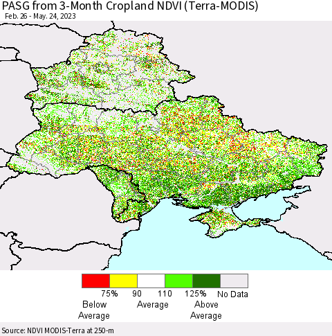 Ukraine, Moldova and Belarus PASG from 3-Month Cropland NDVI (Terra-MODIS) Thematic Map For 5/17/2023 - 5/24/2023