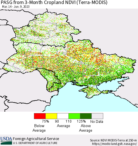 Ukraine, Moldova and Belarus PASG from 3-Month Cropland NDVI (Terra-MODIS) Thematic Map For 6/1/2023 - 6/10/2023