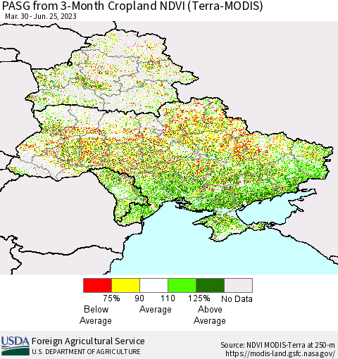 Ukraine, Moldova and Belarus PASG from 3-Month Cropland NDVI (Terra-MODIS) Thematic Map For 6/21/2023 - 6/30/2023