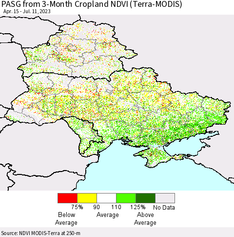 Ukraine, Moldova and Belarus PASG from 3-Month Cropland NDVI (Terra-MODIS) Thematic Map For 7/4/2023 - 7/11/2023