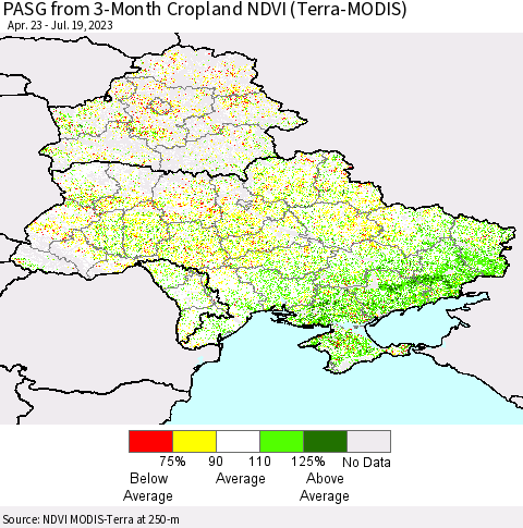 Ukraine, Moldova and Belarus PASG from 3-Month Cropland NDVI (Terra-MODIS) Thematic Map For 7/12/2023 - 7/19/2023