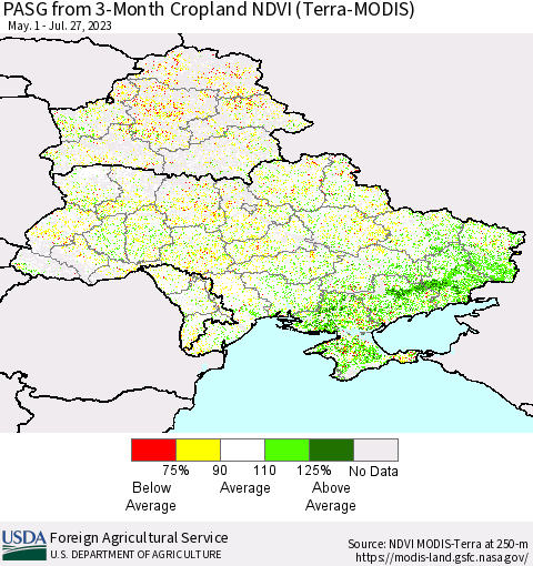 Ukraine, Moldova and Belarus PASG from 3-Month Cropland NDVI (Terra-MODIS) Thematic Map For 7/21/2023 - 7/31/2023