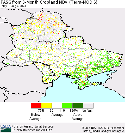 Ukraine, Moldova and Belarus PASG from 3-Month Cropland NDVI (Terra-MODIS) Thematic Map For 8/1/2023 - 8/10/2023