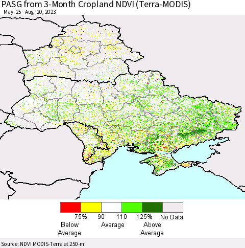 Ukraine, Moldova and Belarus PASG from 3-Month Cropland NDVI (Terra-MODIS) Thematic Map For 8/13/2023 - 8/20/2023