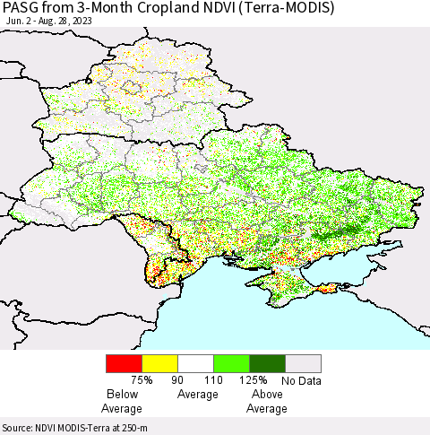 Ukraine, Moldova and Belarus PASG from 3-Month Cropland NDVI (Terra-MODIS) Thematic Map For 8/21/2023 - 8/28/2023