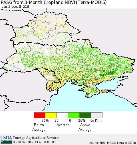 Ukraine, Moldova and Belarus PASG from 3-Month Cropland NDVI (Terra-MODIS) Thematic Map For 8/21/2023 - 8/31/2023