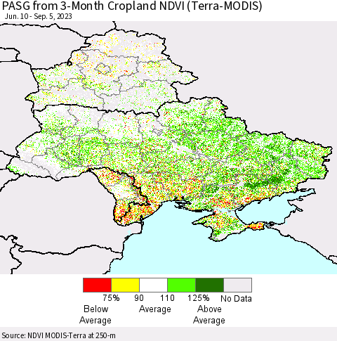 Ukraine, Moldova and Belarus PASG from 3-Month Cropland NDVI (Terra-MODIS) Thematic Map For 8/29/2023 - 9/5/2023