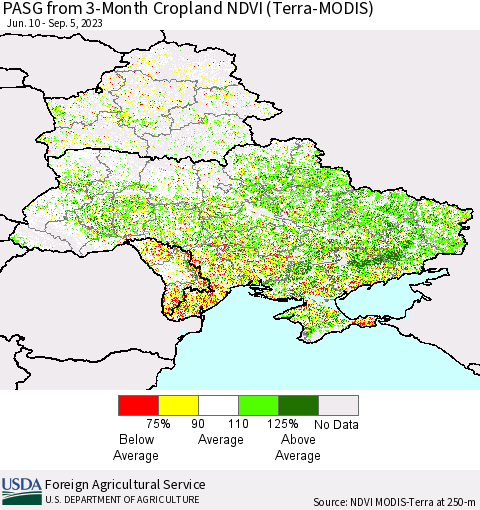 Ukraine, Moldova and Belarus PASG from 3-Month Cropland NDVI (Terra-MODIS) Thematic Map For 9/1/2023 - 9/10/2023