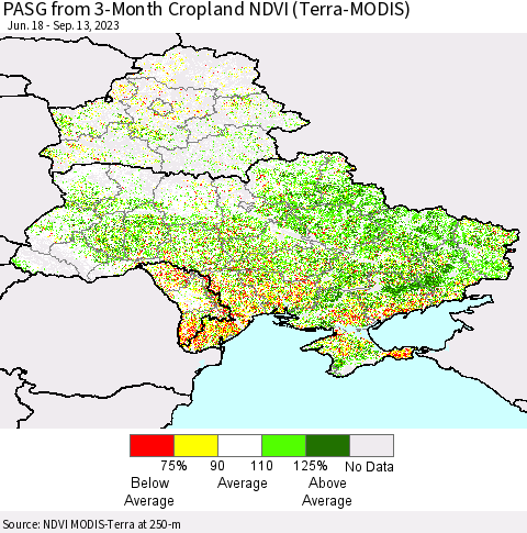 Ukraine, Moldova and Belarus PASG from 3-Month Cropland NDVI (Terra-MODIS) Thematic Map For 9/6/2023 - 9/13/2023