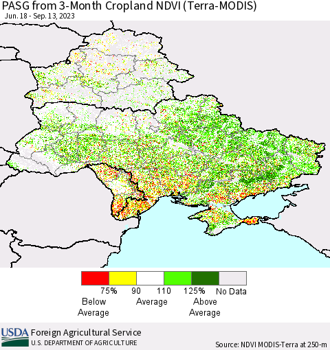 Ukraine, Moldova and Belarus PASG from 3-Month Cropland NDVI (Terra-MODIS) Thematic Map For 9/11/2023 - 9/20/2023