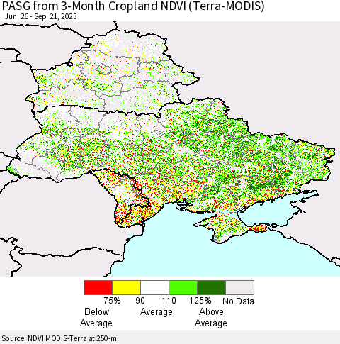 Ukraine, Moldova and Belarus PASG from 3-Month Cropland NDVI (Terra-MODIS) Thematic Map For 9/14/2023 - 9/21/2023