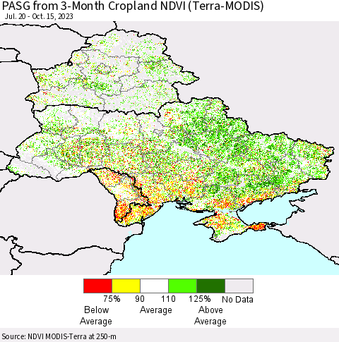Ukraine, Moldova and Belarus PASG from 3-Month Cropland NDVI (Terra-MODIS) Thematic Map For 10/8/2023 - 10/15/2023
