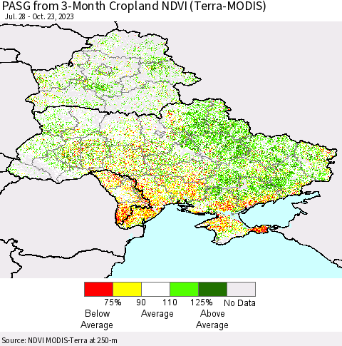 Ukraine, Moldova and Belarus PASG from 3-Month Cropland NDVI (Terra-MODIS) Thematic Map For 10/16/2023 - 10/23/2023