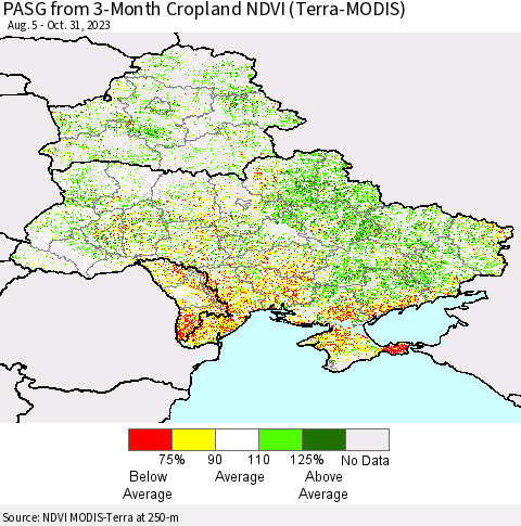Ukraine, Moldova and Belarus PASG from 3-Month Cropland NDVI (Terra-MODIS) Thematic Map For 10/21/2023 - 10/31/2023