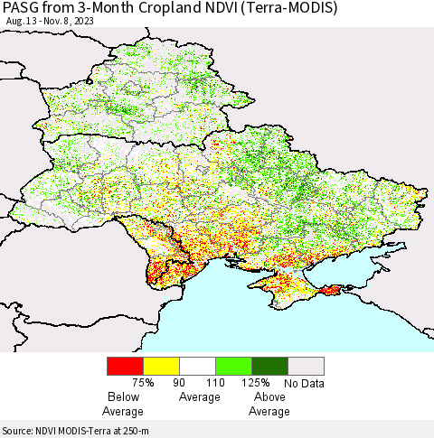 Ukraine, Moldova and Belarus PASG from 3-Month Cropland NDVI (Terra-MODIS) Thematic Map For 11/1/2023 - 11/8/2023