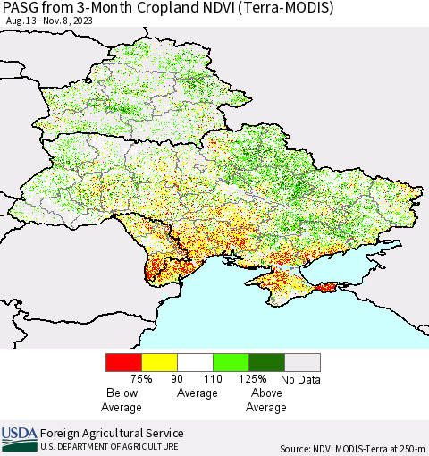 Ukraine, Moldova and Belarus PASG from 3-Month Cropland NDVI (Terra-MODIS) Thematic Map For 11/1/2023 - 11/10/2023