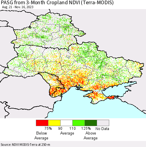 Ukraine, Moldova and Belarus PASG from 3-Month Cropland NDVI (Terra-MODIS) Thematic Map For 11/9/2023 - 11/16/2023