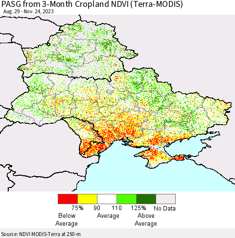 Ukraine, Moldova and Belarus PASG from 3-Month Cropland NDVI (Terra-MODIS) Thematic Map For 11/17/2023 - 11/24/2023