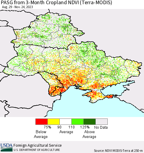 Ukraine, Moldova and Belarus PASG from 3-Month Cropland NDVI (Terra-MODIS) Thematic Map For 11/21/2023 - 11/30/2023