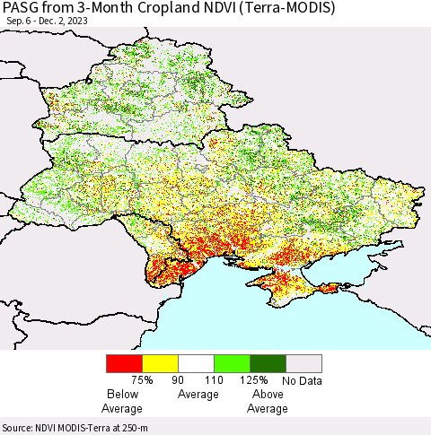 Ukraine, Moldova and Belarus PASG from 3-Month Cropland NDVI (Terra-MODIS) Thematic Map For 11/25/2023 - 12/2/2023