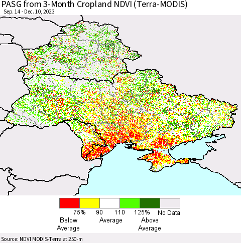 Ukraine, Moldova and Belarus PASG from 3-Month Cropland NDVI (Terra-MODIS) Thematic Map For 12/3/2023 - 12/10/2023
