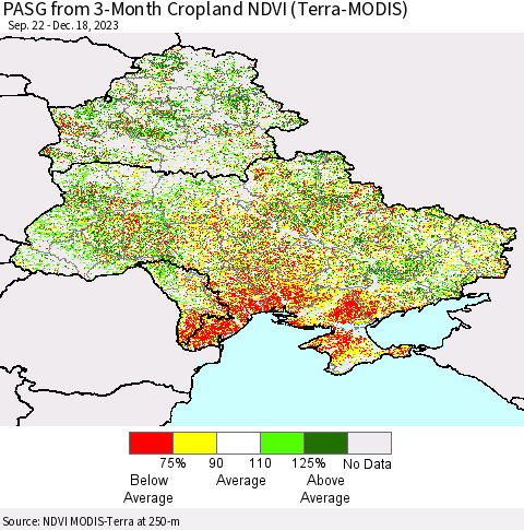 Ukraine, Moldova and Belarus PASG from 3-Month Cropland NDVI (Terra-MODIS) Thematic Map For 12/11/2023 - 12/18/2023