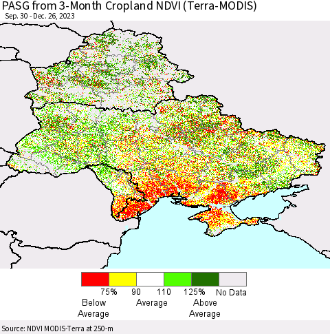 Ukraine, Moldova and Belarus PASG from 3-Month Cropland NDVI (Terra-MODIS) Thematic Map For 12/19/2023 - 12/26/2023