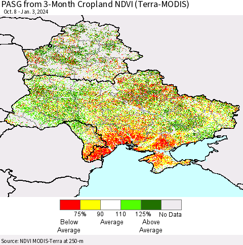 Ukraine, Moldova and Belarus PASG from 3-Month Cropland NDVI (Terra-MODIS) Thematic Map For 12/27/2023 - 1/3/2024