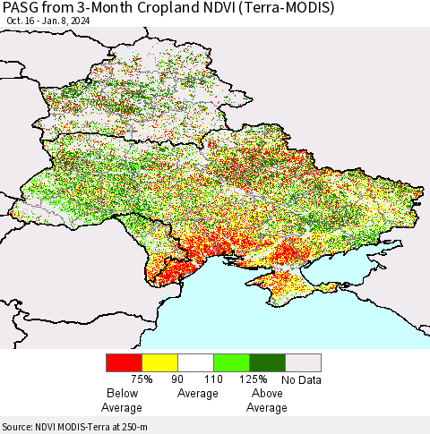 Ukraine, Moldova and Belarus PASG from 3-Month Cropland NDVI (Terra-MODIS) Thematic Map For 1/1/2024 - 1/8/2024